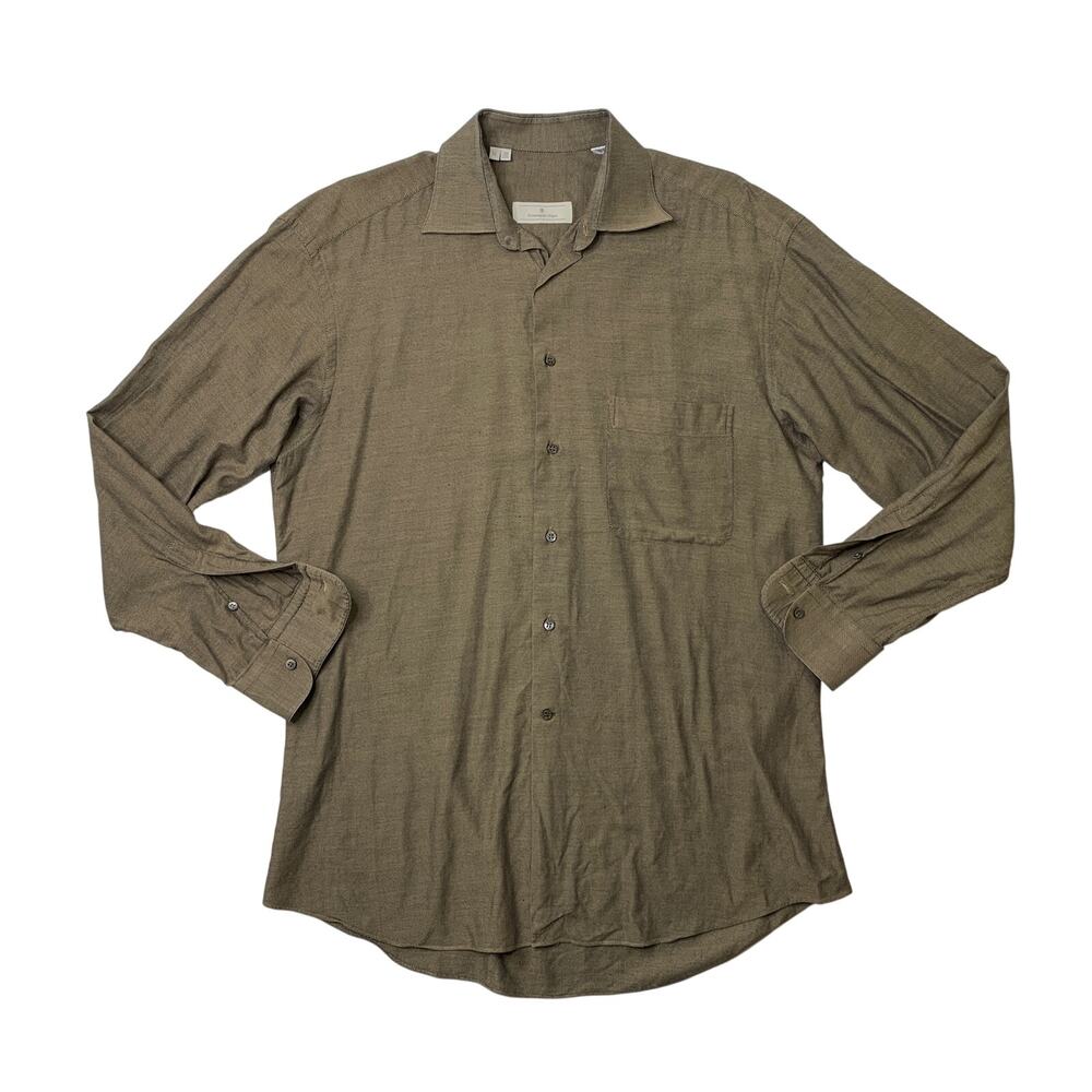 Vintage Ermenegildo Zegna Shirt Mens XL Stone 2x2 Superfine Cotton Button Up
